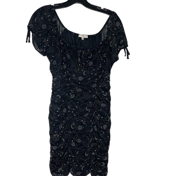 Ultra Flirt Ruched Dress M Celestial Gypsy Black Moon Stars Cottagecore Goth - Picture 1 of 7